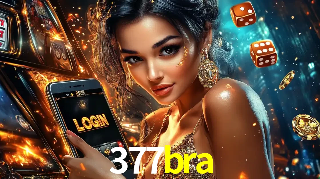 Mulher glamourosa segurando um celular com a tela de login do cassino 377bra, rodeada por dados e moedas douradas, pronta para começar a diversão.