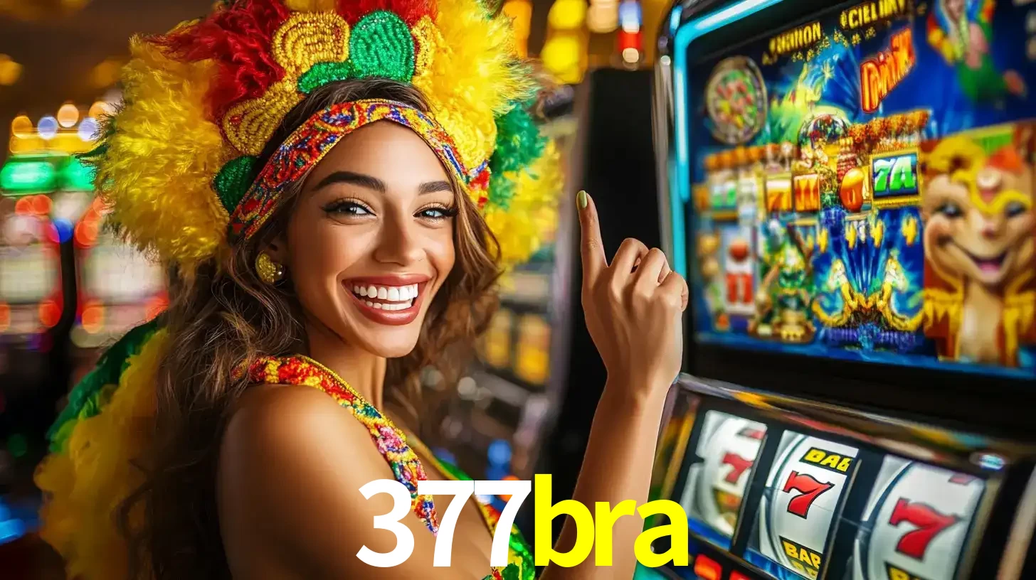 Mulher animada com um cocar de carnaval apontando para uma máquina de caça-níqueis, mostrando a emoção de ganhar um grande prêmio nos jogos do 377bra.