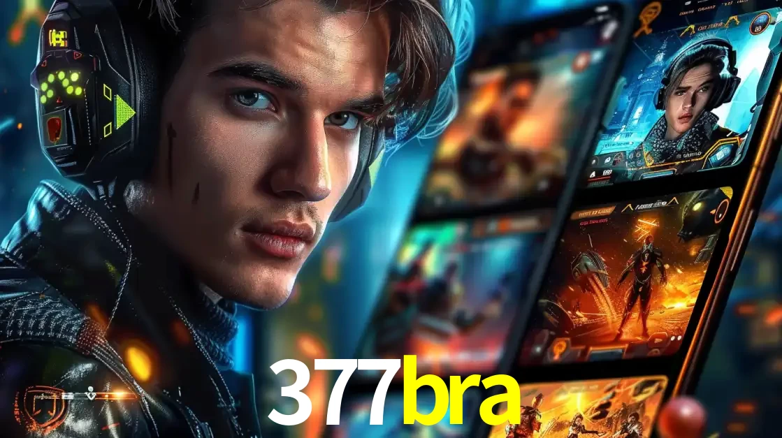 Jovem jogador com fones de ouvido olhando para a câmera, com um aplicativo de jogos e e-sports para celular ao fundo, pronto para a competição e apostas no 377bra.