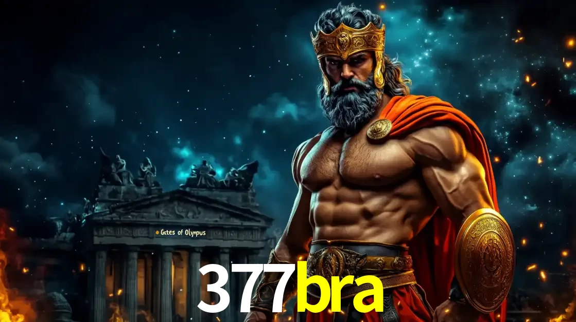 O poderoso Zeus do jogo de slot Gates of Olympus em frente ao seu templo, pronto para lançar multiplicadores divinos e prêmios épicos no cassino online 377bra.