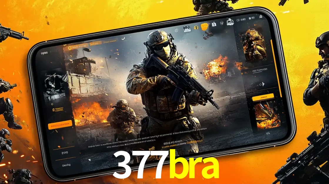 Um smartphone exibindo a interface de um jogo de tiro em primeira pessoa, com um soldado em um cenário de batalha, representando a ação dos e-sports para apostar no 377bra.