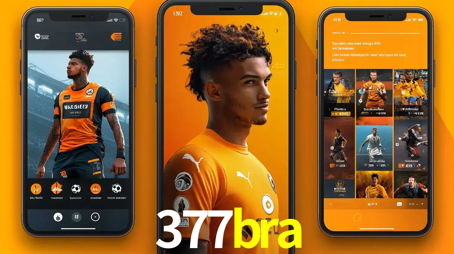 Interface do aplicativo de apostas esportivas 377bra em três telas de celular, mostrando o perfil de um jogador de futebol e a lista de jogos disponíveis para apostar.