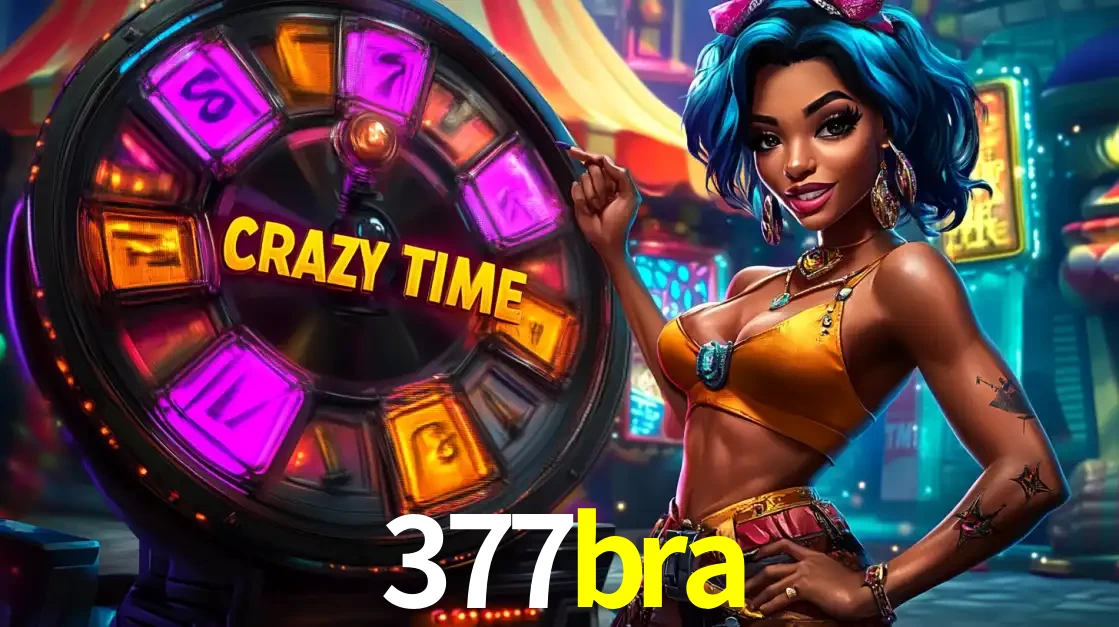 Mulher estilizada com cabelo azul e visual vibrante posando ao lado da roda de prêmios do game show Crazy Time, convidando para a diversão e os bônus do cassino 377bra.